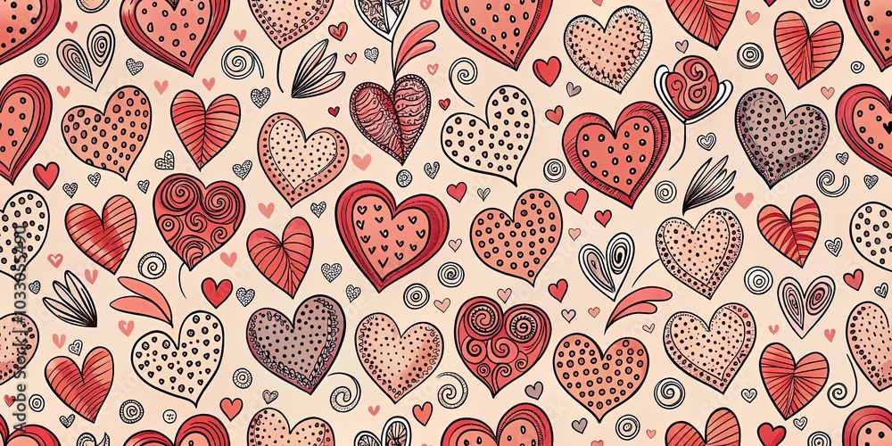 A whimsical and colorful pattern of various hearts, filled with dots, swirls, stripes, and other patterns, creating a cheerful and romantic aesthetic. A whimsical and colorful pattern of various hearts, filled with dots, swirls, stripes, and other patterns, creating a cheerful and romantic aesthetic.