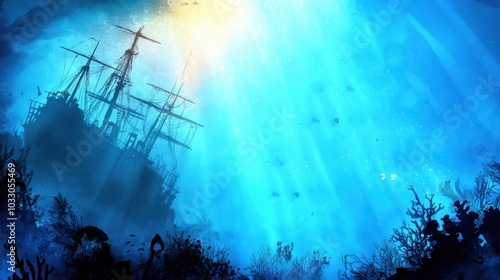 Majestic Shipwreck Underwater Landscape with Ethereal Lighting