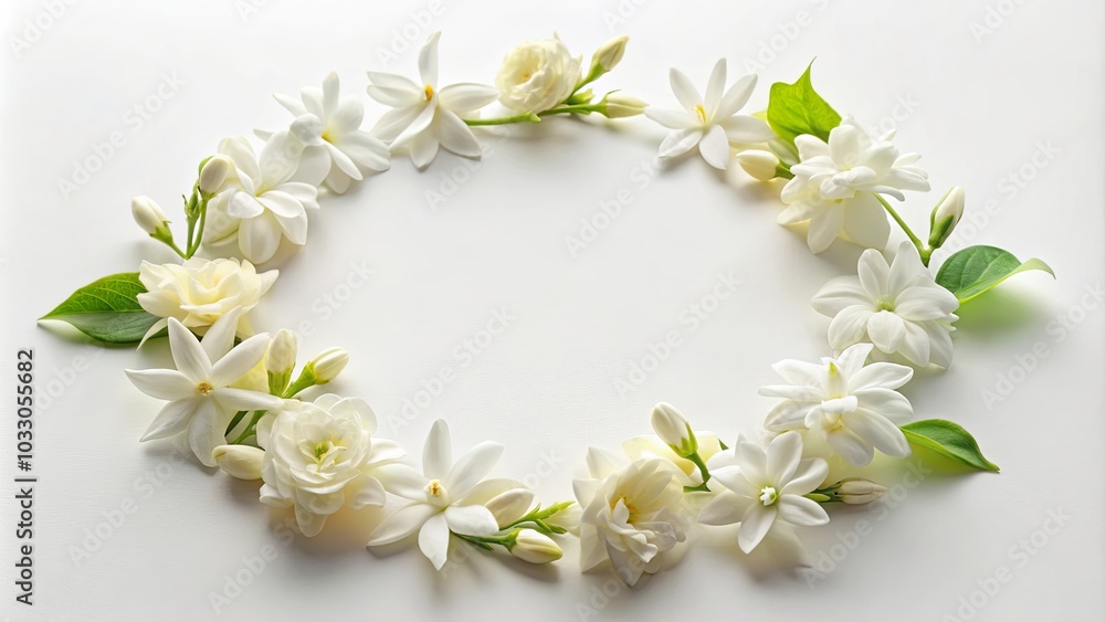 A Delicate Circle of Creamy White Blossoms, Adorned with Green Foliage, Against a Pristine Canvas A Delicate Circle of Creamy White Blossoms, Adorned with Green Foliage, Against a Pristine Canvas