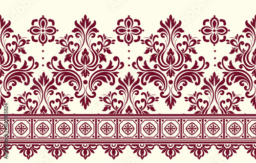 floral pattern vintage ethnic modern embroidery texture boho design vector illustration hand drawn pink flower motif branches leaves wallpaper seamless background border.