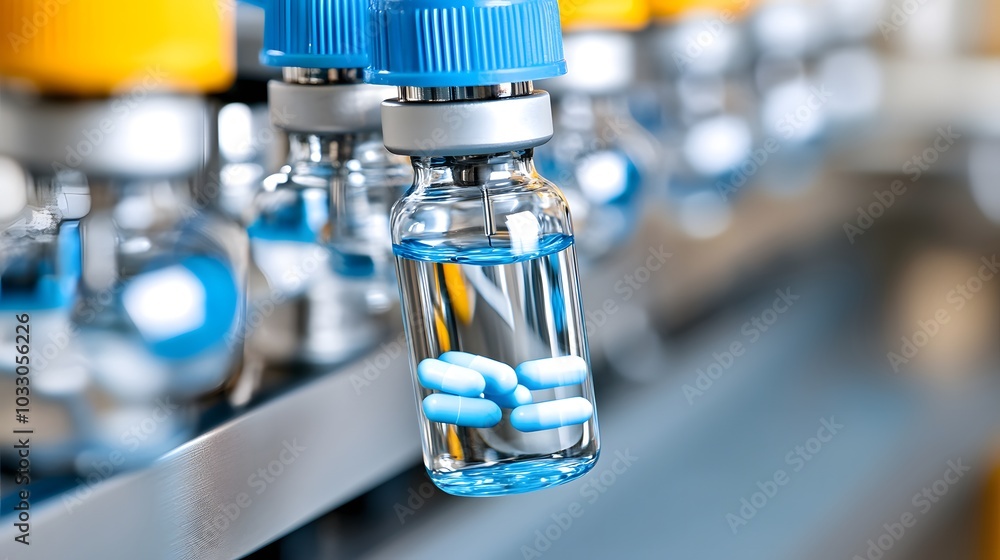 Close-up of a vial filled with blue capsules and liquid, part of a pharmaceutical production process, showcasing medical manufacturing. Close-up of a vial filled with blue capsules and liquid, part of a pharmaceutical production process, showcasing medical manufacturing.
