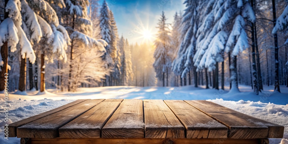 A wooden table sits atop a snow-covered ground, with a blurred background of a winter forest bathed in the warm glow of a setting sun. A wooden table sits atop a snow-covered ground, with a blurred background of a winter forest bathed in the warm glow of a setting sun.