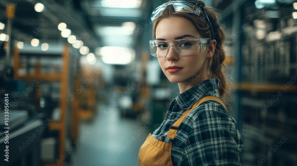 A female industrial worker managing equipment in a prefabricated workshop, emphasizing the technical nature of her work A female industrial worker managing equipment in a prefabricated workshop, emphasizing the technical nature of her work