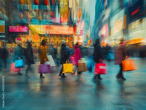 Busy city street with people shopping and blurred lights.