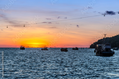 Sunset in the floating fishing village. An Thoi Port, Tropical Phu Quoc Island, Vietnam