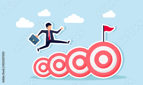 A businessman runs and jumps over a series of target boards, illustrating the achievement of one target after another to reach success in a business project