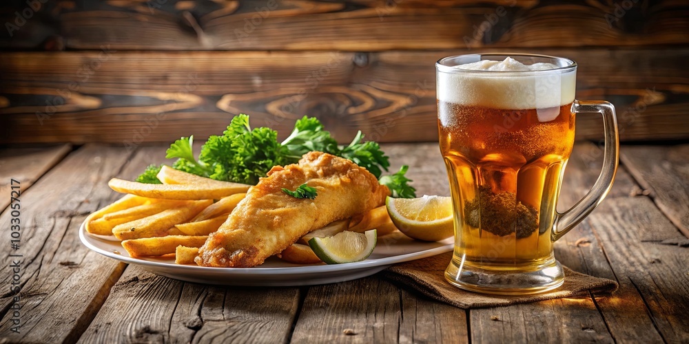 Crisp Fried Fish, Golden Fries, and a Frothy Pint of Beer on a Rustic Wooden Table Crisp Fried Fish, Golden Fries, and a Frothy Pint of Beer on a Rustic Wooden Table