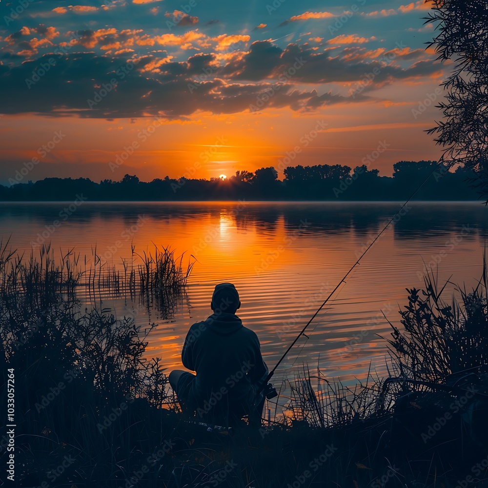 Fisherman sitting on the shore of the lake and fishing at sunset Fisherman sitting on the shore of the lake and fishing at sunset