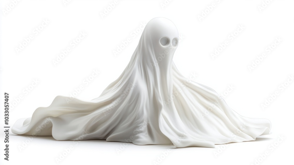 Halloween ghost figurine with a flowing white sheet and spooky face, isolated on white background Halloween ghost figurine with a flowing white sheet and spooky face, isolated on white background