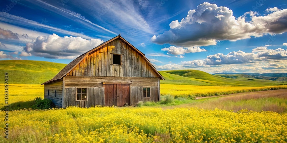 A weathered wooden structure stands alone in a field of golden wildflowers, framed by rolling hills and a sky dotted with fluffy clouds. A weathered wooden structure stands alone in a field of golden wildflowers, framed by rolling hills and a sky dotted with fluffy clouds.