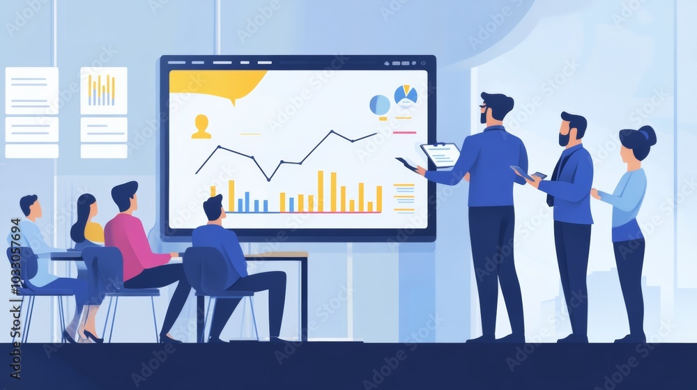 A financial advisor giving a detailed presentation on investment strategy to a corporate team, surrounded by charts A financial advisor giving a detailed presentation on investment strategy to a corporate team, surrounded by charts