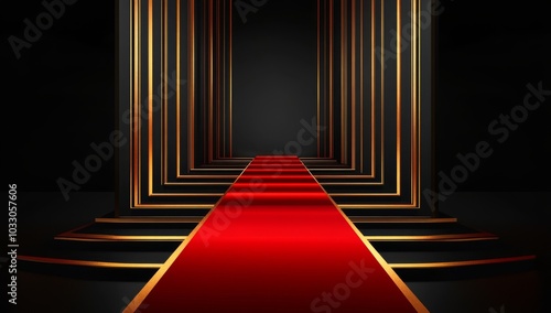 Red carpet pathway with gold trim leading to a dark background. © andyaziz6