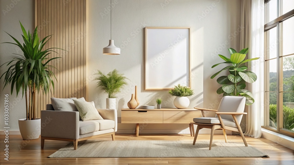 Contemporary Interior with Blank Frame Mockup for Modern Design Showcase Contemporary Interior with Blank Frame Mockup for Modern Design Showcase