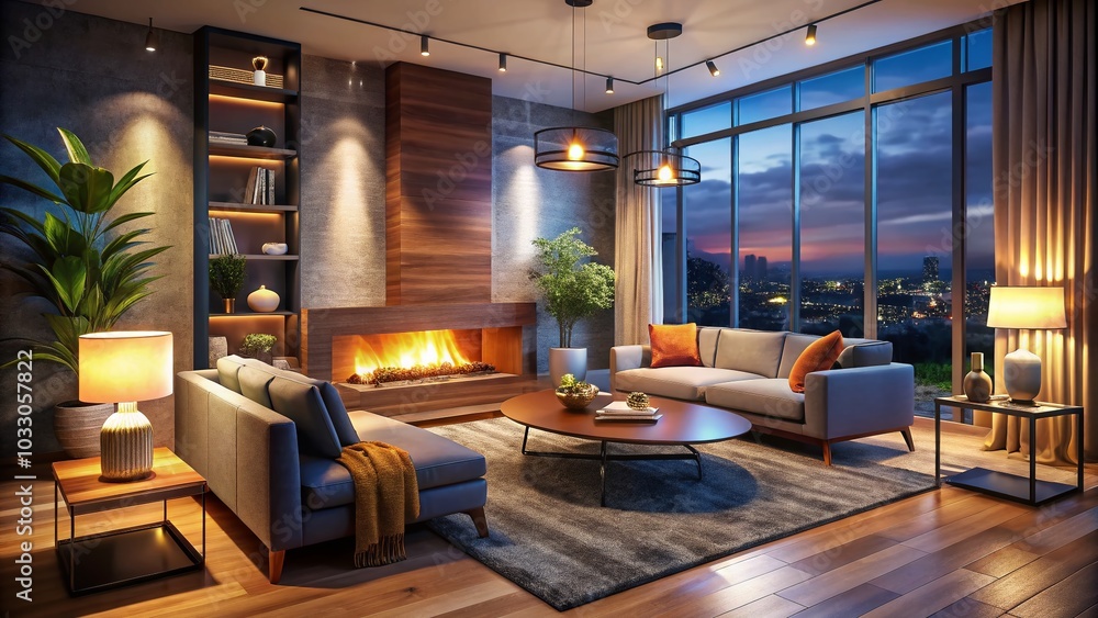Contemporary Living Room Interior with Fireplace - Stylish Night Photography Contemporary Living Room Interior with Fireplace - Stylish Night Photography