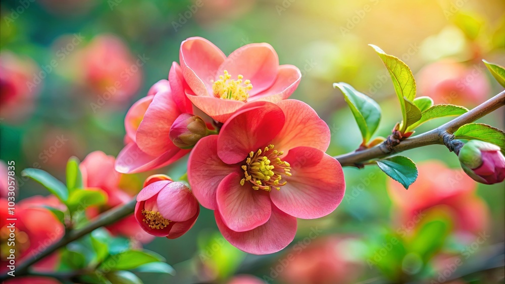 Obraz premium A Delicate Symphony of Peach Blossoms and Vibrant Green Leaves, Captured in a Moment of Springtime Beauty