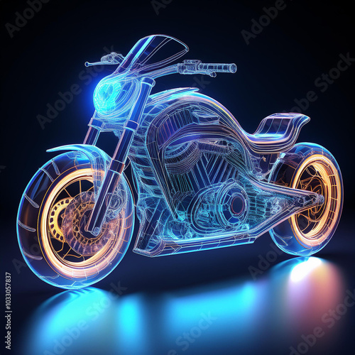 Discover the striking allure of a 3D motorcycle hologram, showcasing an innovative laser-exploded design that captivates with dynamic visuals and futuristic artistry. photo