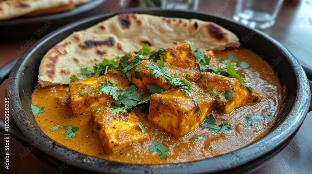 A flavorful paneer curry served with warm garlic naan, garnished with fresh herbs and vibrant spices, photographed in a modern restaurant A flavorful paneer curry served with warm garlic naan, garnished with fresh herbs and vibrant spices, photographed in a modern restaurant