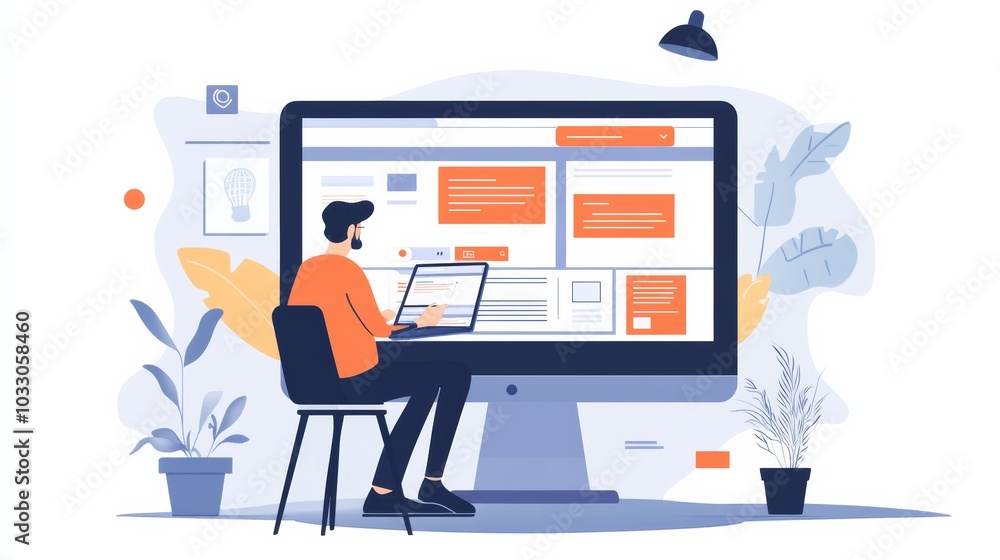 A freelance business owner planning a digital marketing strategy, using design software to create a website template A freelance business owner planning a digital marketing strategy, using design software to create a website template
