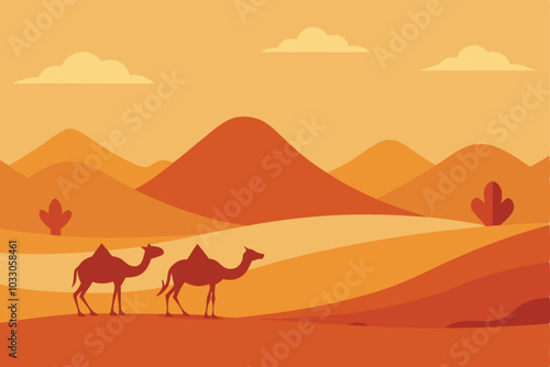 Panoramic view of the desert and camels. vector Illustrated in flat style