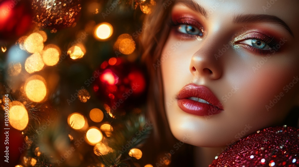Glamorous holiday makeup portrait of a woman with sparkling ornaments and warm bokeh lights in the background Glamorous holiday makeup portrait of a woman with sparkling ornaments and warm bokeh lights in the background