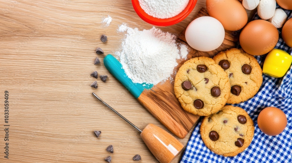 Homemade Chocolate Chip Cookies Baking Ingredients on Wooden Table Homemade Chocolate Chip Cookies Baking Ingredients on Wooden Table