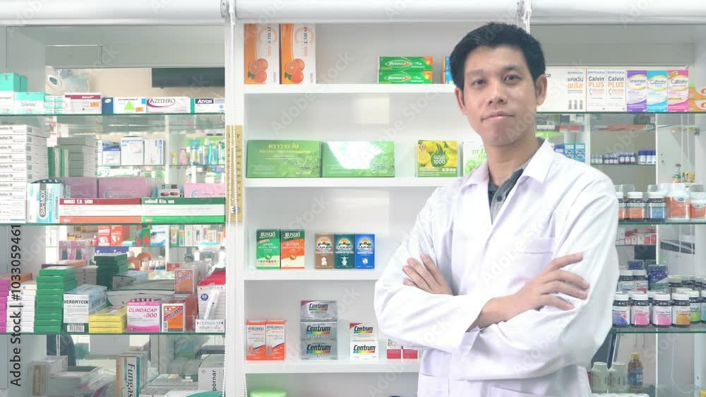 A man in a white lab coat stands in front of a pharmacy counter. The pharmacy is filled with various medications and health products. The man is a pharmacist A man in a white lab coat stands in front of a pharmacy counter. The pharmacy is filled with various medications and health products. The man is a pharmacist