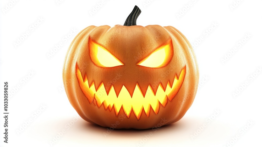 Spooky Halloween pumpkin with a carved face, glowing eyes, and sinister smile, isolated on white background Spooky Halloween pumpkin with a carved face, glowing eyes, and sinister smile, isolated on white background