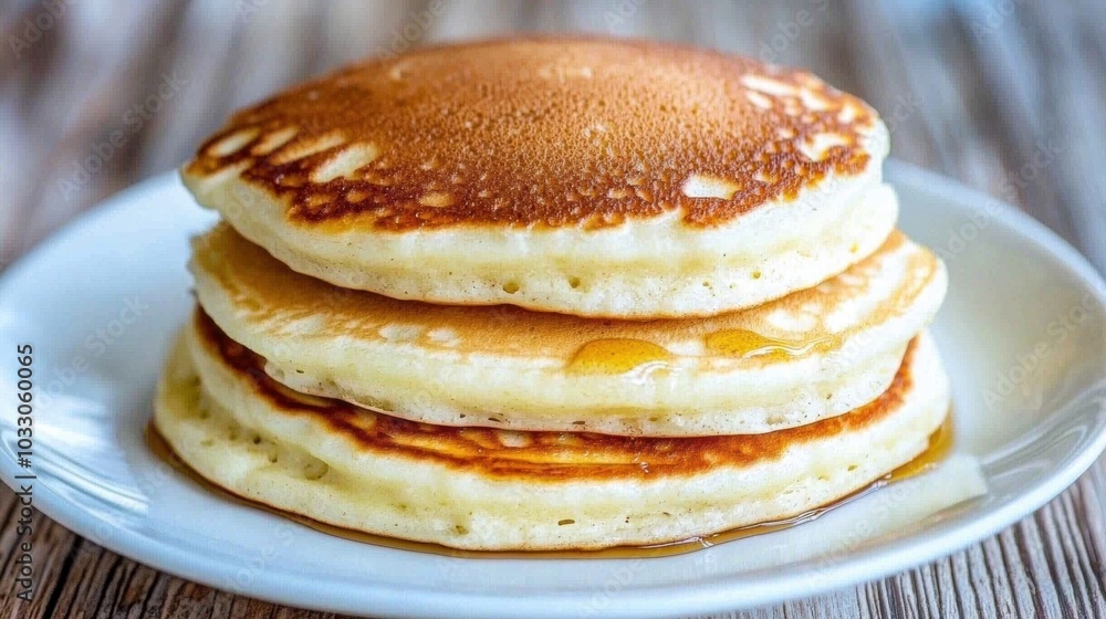 Fluffy Pancake Stack with Maple Syrup and Butter on Plate Fluffy Pancake Stack with Maple Syrup and Butter on Plate