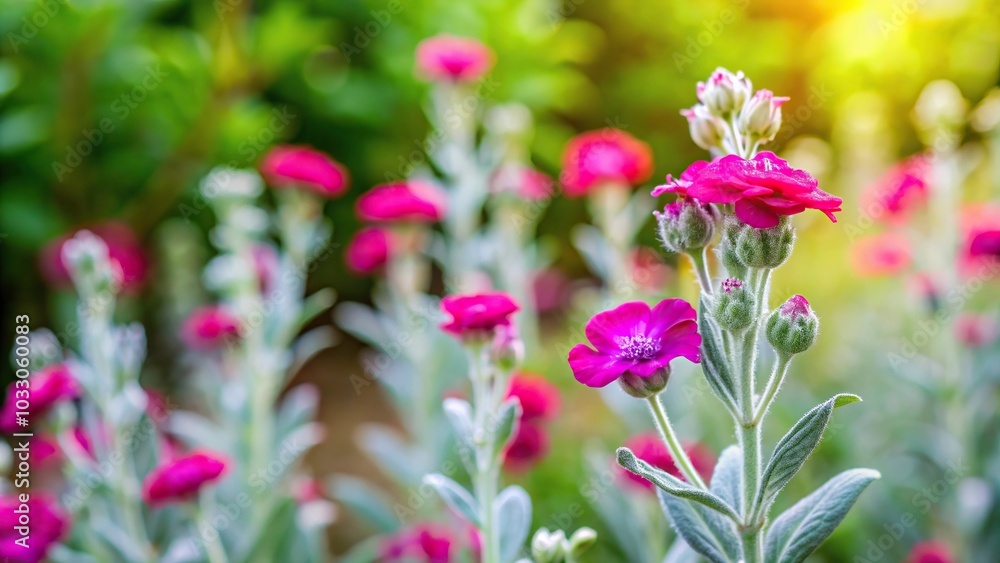 Forced perspective pink dusty miller flower in garden Forced perspective pink dusty miller flower in garden