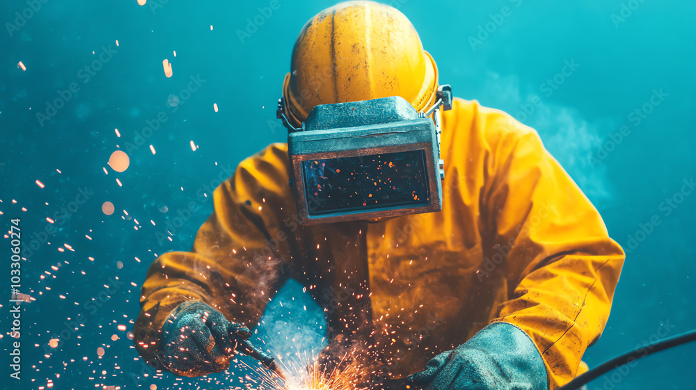 A welder in a protective suit works on metal, creating bright sparks against a cool blue background, showcasing the intensity of industrial craftsmanship. A welder in a protective suit works on metal, creating bright sparks against a cool blue background, showcasing the intensity of industrial craftsmanship.