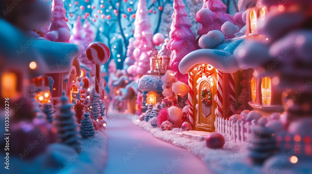A magical candy-themed Christmas village sparkling in bright pink and blue colors, inviting joy and wonder during the holiday season A magical candy-themed Christmas village sparkling in bright pink and blue colors, inviting joy and wonder during the holiday season