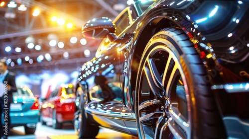 A sleek black car displayed on a raised platform at a car auction, surrounded by a crowd of potential buyers holding auction paddles. bidding, luxury cars, high-end, nervous, exciting,Auctioneer