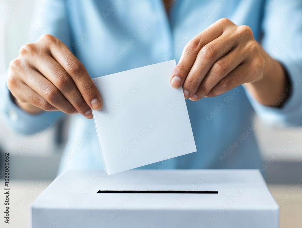 A person casting a vote by placing a ballot into a ballot box, emphasizing the importance of participation in democratic processes.
A person casting a vote by placing a ballot into a ballot box, emphasizing the importance of participation in democratic processes.
