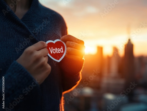 A person holds a heart-shaped "Voted" sticker at sunset with a cityscape in the background, emphasizing the emotional and civic significance of voting.