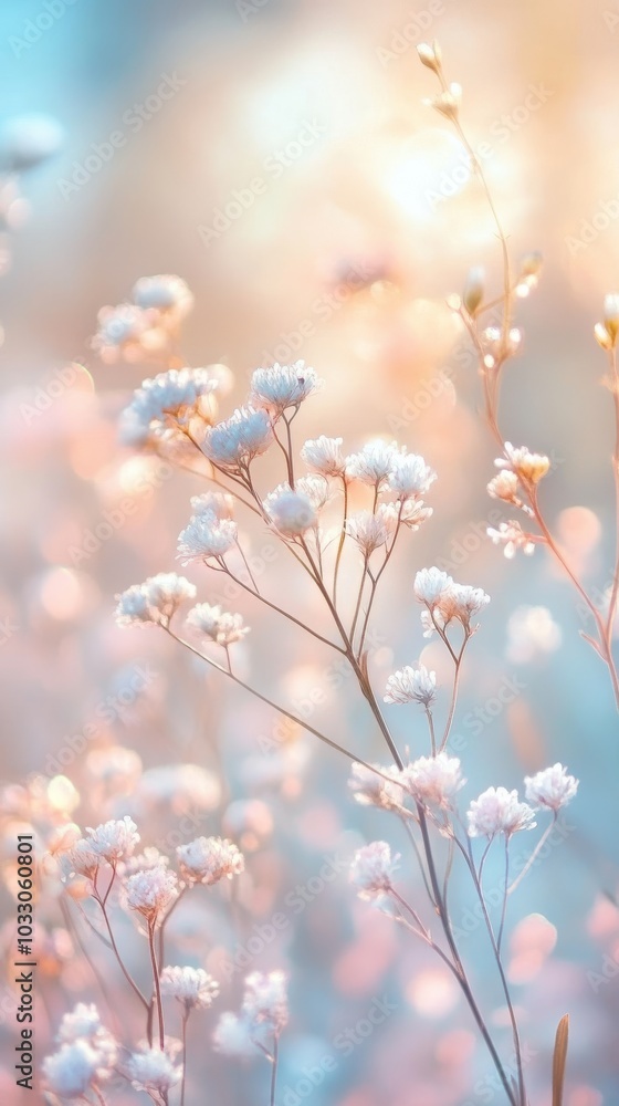 Delicate wildflowers in warm sunlight, dreamy nature scene. Tranquil beauty and serene atmosphere concept Delicate wildflowers in warm sunlight, dreamy nature scene. Tranquil beauty and serene atmosphere concept