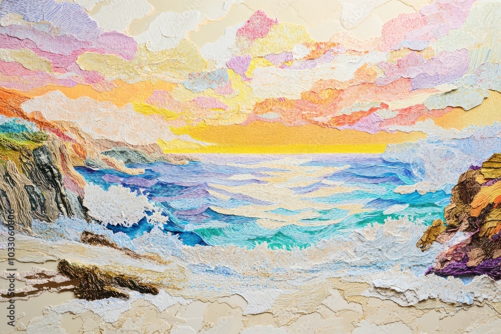 A vibrant abstract painting depicting a seascape with crashing waves and a colorful sky. The painting uses bold strokes and bright colors to capture the energy of the ocean. A vibrant abstract painting depicting a seascape with crashing waves and a colorful sky. The painting uses bold strokes and bright colors to capture the energy of the ocean.