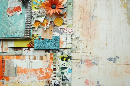 Colorful abstract art with paper, fabric, and other mixed media elements. A playful and textured background.