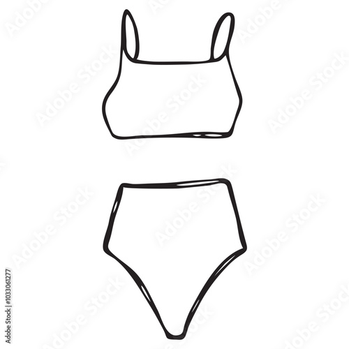 Casual swimsuit set, woman underwear set. Casual bra top and high-waist bottom. Doodle hand-drawn ink strokes style.