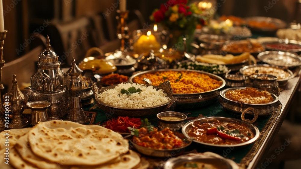 A large table set for an Indian feast, filled with naan, curries, rice, and tandoori chicken, with bright spices and herbs on display A large table set for an Indian feast, filled with naan, curries, rice, and tandoori chicken, with bright spices and herbs on display