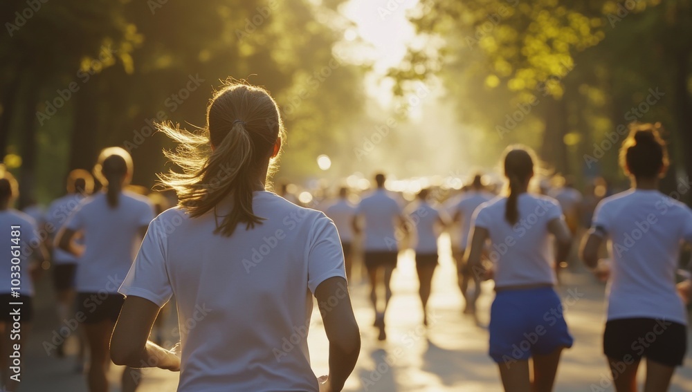 Obraz premium A group of runners in white shirts run down a paved road toward the sun, with a blurry background of trees and other runners in the distance.