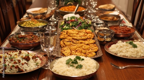 A large table set for an Indian feast, filled with naan, curries, rice, and tandoori chicken, with bright spices and herbs on display