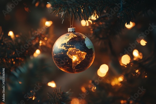 A glowing Earth globe ornament hangs on a Christmas tree surrounded by warm lights, creating a festive holiday atmosphere