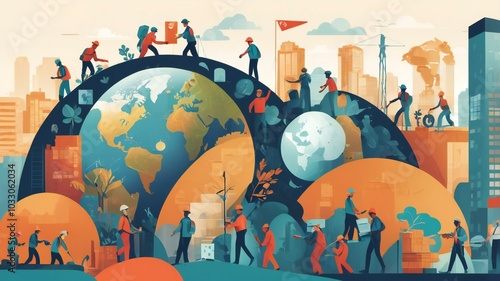 illustration, SDG, Decent Work and Economic Growth: Promote sustained, inclusive, and sustainable economic growth, full and productive employment, and decent work for all.