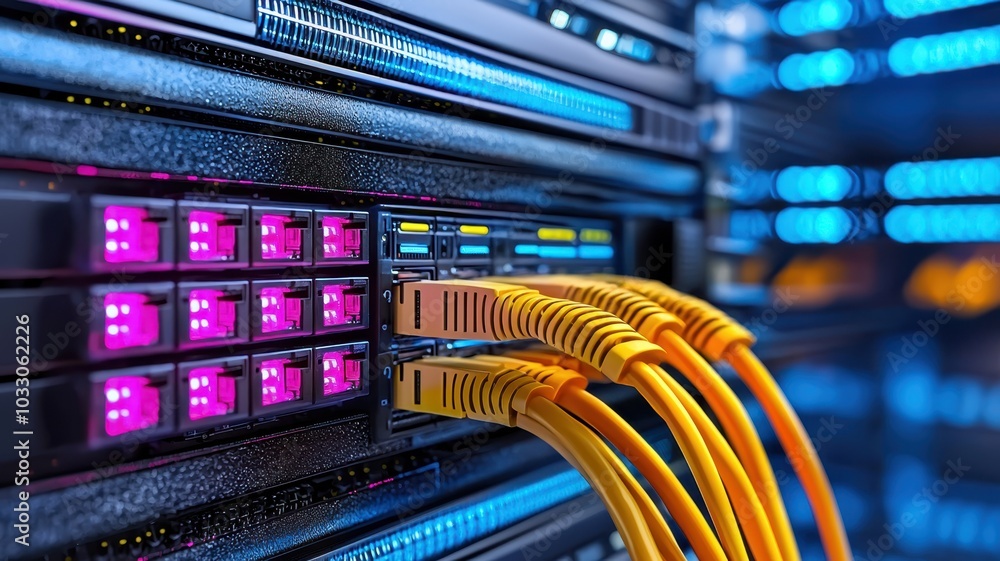Naklejka premium Network Switch with Ethernet Cables Connecting to Ports, Illustrating Data Connection Complexity