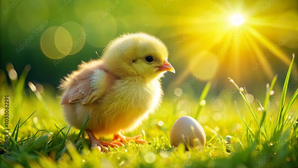 A newborn chick with soft downy feathers stands on a bed of verdant grass, bathed in the warm glow of the morning sun, a single egg nestled nearby A newborn chick with soft downy feathers stands on a bed of verdant grass, bathed in the warm glow of the morning sun, a single egg nestled nearby