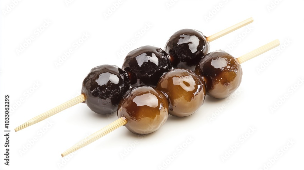 Japanese glutinous rice balls (dango) with sweet soy sauce glaze, skewered and arranged on white background Japanese glutinous rice balls (dango) with sweet soy sauce glaze, skewered and arranged on white background