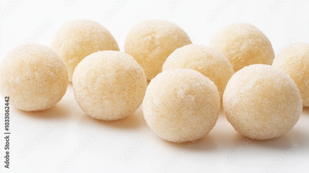 Japanese kinako mochi balls dusted with roasted soybean powder, soft and chewy, arranged on white background Japanese kinako mochi balls dusted with roasted soybean powder, soft and chewy, arranged on white background