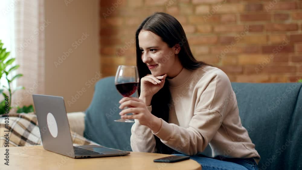 A woman sits comfortably in her living room, smiling as she video chats on her laptop while holding a glass of red wine. The setting is warm and inviting, with a cozy atmosphere. A woman sits comfortably in her living room, smiling as she video chats on her laptop while holding a glass of red wine. The setting is warm and inviting, with a cozy atmosphere.