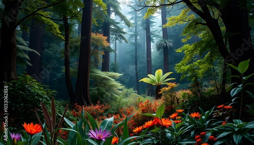 Forest Wallpaper, High Fantasy, Abundant Flora, Studio Lighting, Highly Detailed, Stunning, Dramatic, Breathtaking, Masterpiece, Professional Photography, AI Generated