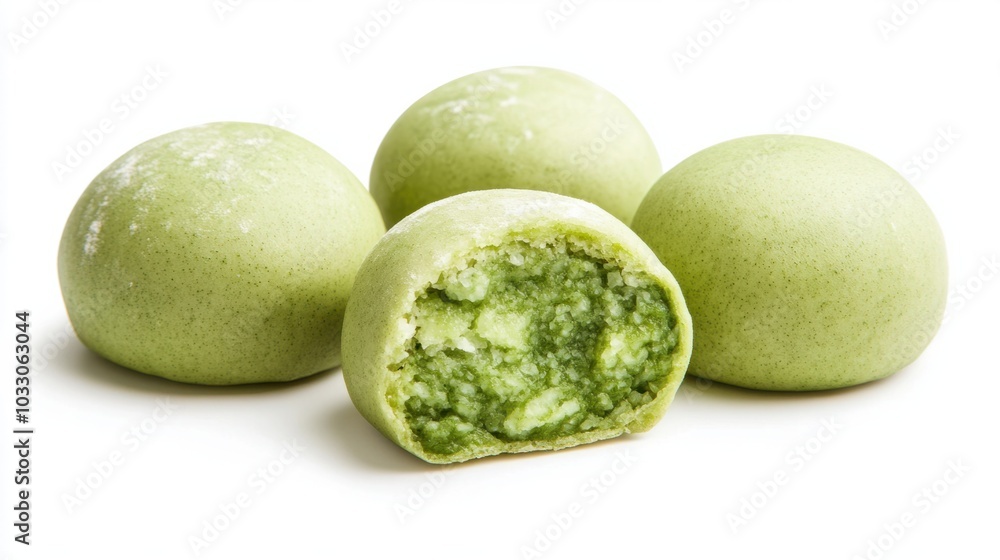 Japanese matcha-flavored manju buns filled with sweet anko, soft and fluffy, isolated on white background Japanese matcha-flavored manju buns filled with sweet anko, soft and fluffy, isolated on white background